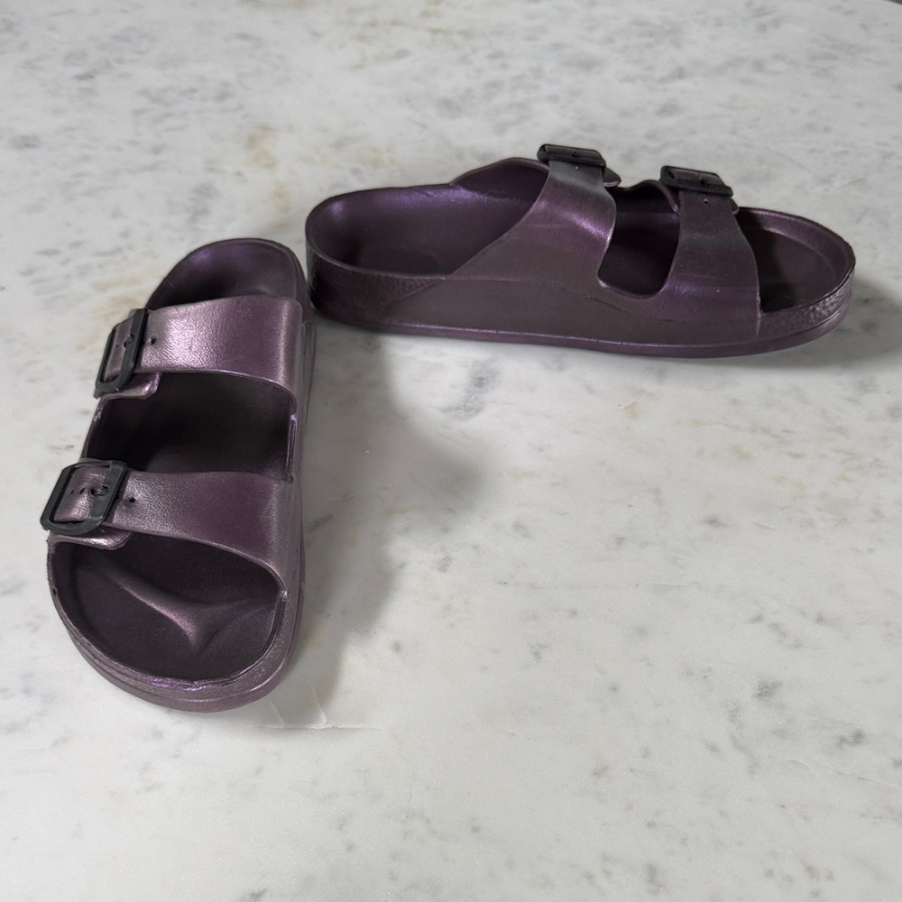 Women's Double-Buckle Slide Sandals - Metallic Plum